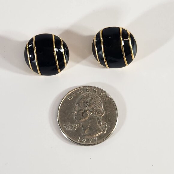 Monet Gold Black Stripe Earrings Enamel Post Pierced Ears VTG Costume Jewelry - Picture 8 of 8